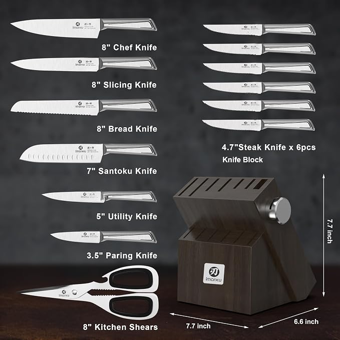 imarku 14 PCS Knife Set with Block, High-Carbon Steel, Built-in Sharpener | Japanese Kitchen Knife Set,Stainless Steel,Dishwasher Safe,Sharp Kitchen Knives,Non-Slip Handles,Home Essentials for Gifts
