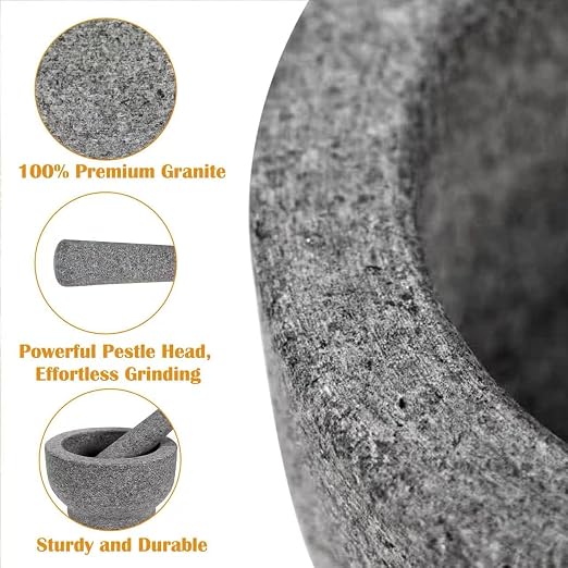 7" Heavy Granite Mortar and Pestle Set, 4 Cup，Molcajete,Guacamole Bowl | Natural Unpolished Stone Grinder for Spices, Garlic, Seeds,Guacamole, Herbs & Kitchen Use