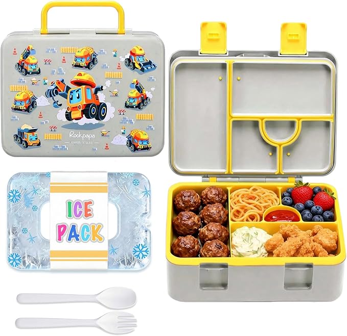 rockpapa Chill Bento Box for Kids- Large 5.5 Cups Lunch Box with Ice Pack - 5 Compartments, BPA-Free, Leak Proof, with Utensils & Portable Handle, Microwave/Dishwasher Safe (Grey Constr Trucks)