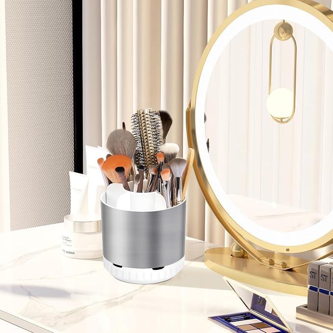 GFWARE Rotating Silver Toothbrush Holder for Bathroom Organizer, Drainage | Detachable 6 Slots Kids Electric Toothbrush and Toothpaste Holder, Bathroom Countertop Sink Storage Caddy