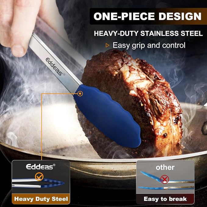 Tongs For Cooking - Kitchen Tong with Silicone Tip 7", 9", 12" Blue | 600°F Heat Resistant Silicone Tong, All Metal handle Locking Tongs with Silicone Tips, Heavy Duty Stainless steel