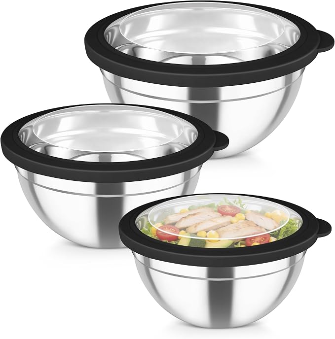 TeamFar Mixing Bowls, 4.5/3/1.5 QT Stainless Steel Nesting Salad Bowls | with Airtight Lids, For Serving/Mixing/Storing/Prepping, Non-Toxic & Sturdy, Visible & Easy Clean, Black, Set of 3