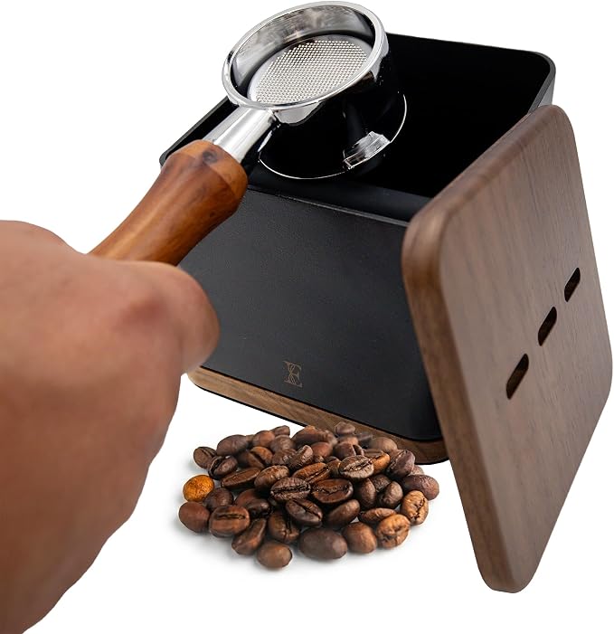 Espresso Knock Box with Lid, 1L Steel Coffee Puck Container, Black | Walnut non-slip base, quiet rubber knock bar, holds 20-25 pucks, dump bin for used grounds, home barista station essential