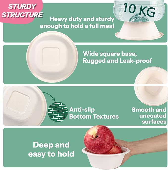 Disposable Bowls 16 Oz [50 Pack] - Heavy Duty Paper Bowls, Sugarcane Fiber Compostable Bowls for Ice Cream, Snacks, Desserts, Microwave Safe BPA-Free Eco Dinnerware (White)