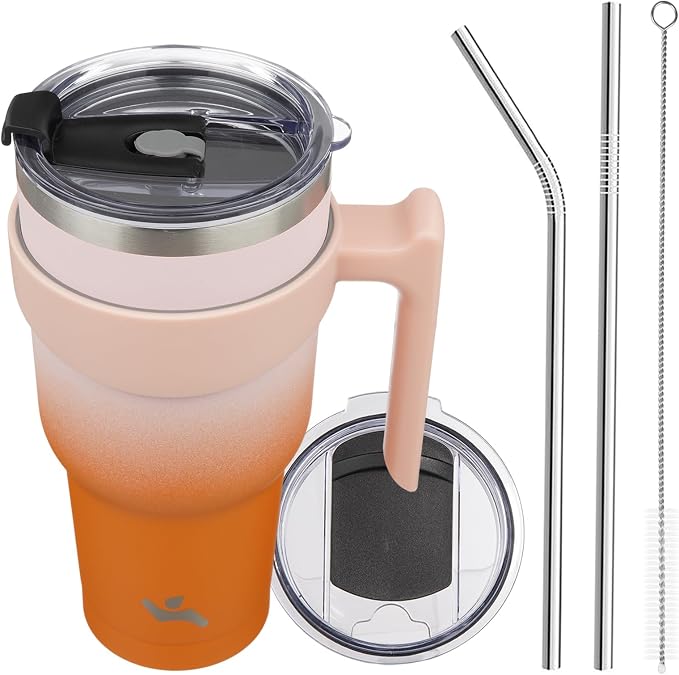 Konokyo 40 oz Tumbler with Handle and Straw, Insulated Travel Mug | Coral; BPA-free, leak-proof tumbler with 2 lids, 2 straws, cup holder fit for coffee, office, travel & daily use
