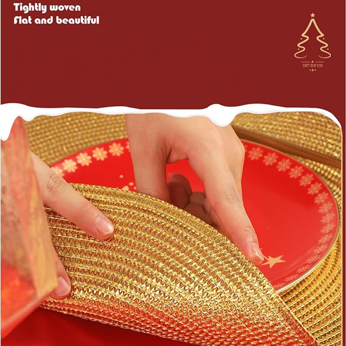 Zupro Round Golden Placemats Set of 6 Braided 15" Indoor/Outdoor Use | Heat Resistant Non-Slip Washable,for Kitchen Dining Tables Dinner Parties Thanksgiving Christmas and Everyday Use.