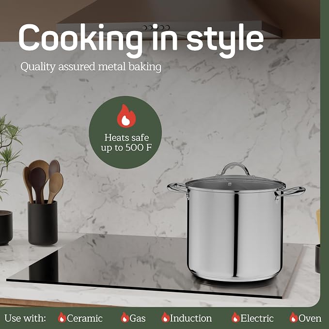 Stainless Steel Stockpot with Tempered Glass Lid 16 Quart, Durable 18/0 Stainless Steel, Impact-Bonded Base for Even Heating, Riveted Handles, Oven & All Stove Compatible, Safe Up To 500°F (260°C)