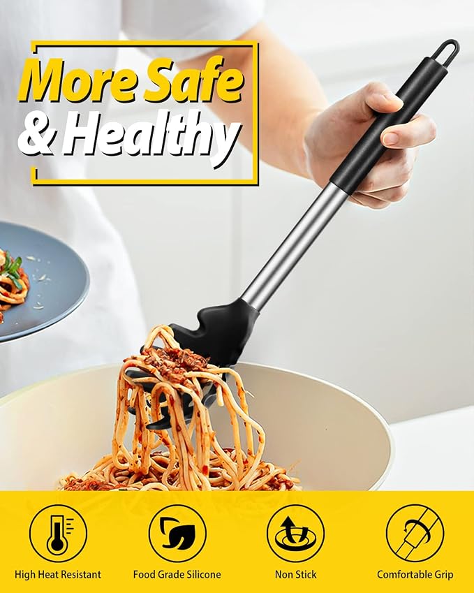 BUNDLEPRO Silicone Pasta Fork and Ladle Spoon Set, 2 Pack, Black | Large Non Stick, High Heat Resistant Kitchen Utensils for Cooking,Stirring,Serving Spaghetti, Soup, Sauce