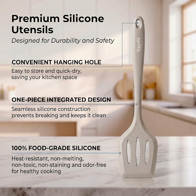Vayvnt Silicone Kitchen Utensils Set, 10PCS Heat Resistant Utensils, Khaki | Dishwasher Safe, Non-toxic, Food Grade Silicone Cooking Utensils Set for Non Stick Cookware, Kitchen Essentials, Spatula Tong