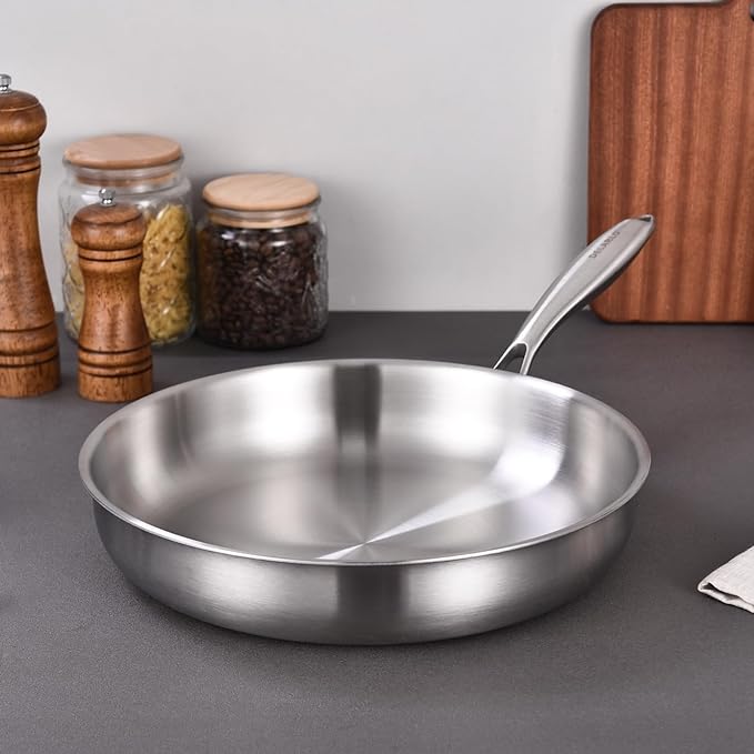 DELARLO Tri-Ply Stainless Steel Frying Pan Set 8”/10”/12”kitchen skillet | Stainless Steel Pan Cooking Heat fast and evenly Compatible with All Cooktops Dishwasher and Oven Safe