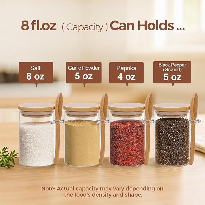 ComSaf Glass Spice Jars with Spoons 8 oz 6 Pack Round with Labels | Labels, Empty Containers, Seasoning Herbs Powder, Salt Pepper Chili, Spice Rack Organization, Loose Tea Storage