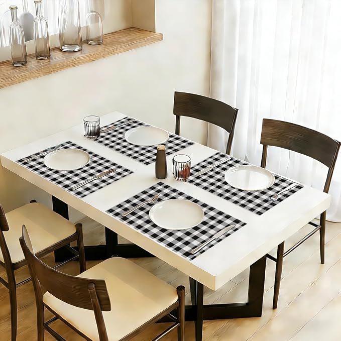 Black and White Placemats Set of 4, Buffalo Plaid Linen Placemats | Washable Heat Resistant Wipeable Table Mats for Outdoor Home Party Kitchen Dining Table, Black and White Linen Place mats