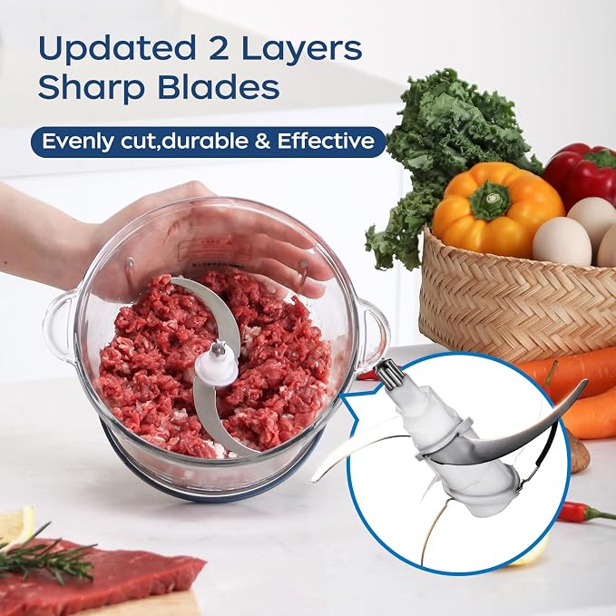 La Reveuse Electric Food Processor, 7-Cup Food Chopper Glass Bowl, Blue | for Chopping, Grinding, Mincing, Whisking, Meal Prep, 2-Layer Chop Blade, (1) Whisking Disc, (1) Spatula, 300W, LARB4016