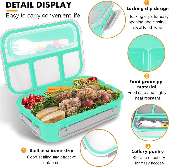 Bento Box for Kids 1300ML with 4 Compartment & Food Picks Cake Cups, Green | Lunch Box Containers for Adults/Kids/Toddler, Leak-Proof, Microwave/Dishwasher/Refrigerator Safe, BPA Free