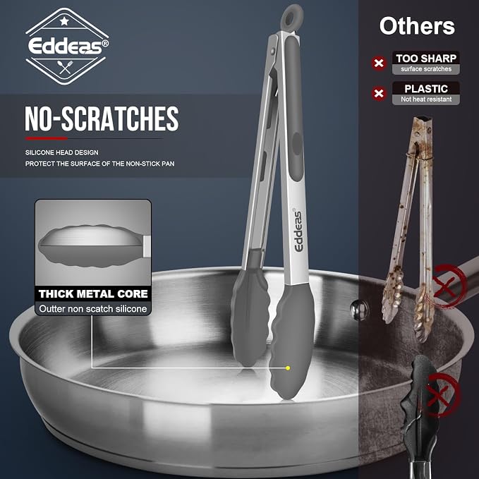 Kitchen Tongs Up To 600°F Silicone Tongs for Cooking 7,9,12 in Grey | Heat Resistant 600 Degrees,Heavy Duty Stainless Steel Locking Tong for Cooking with Silicone Tips Non-Stick Grey