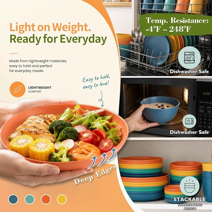 Plates and Bowls Sets, Wheat Straw Dinnerware Sets,Dishes Set for 8 | 40-Piece Dishware Sets, Microwave Safe Plates/Cereal Bowls/Cups Set/Soy Sauce Dish for Kitchen, Camping Dishes Set, Colorful