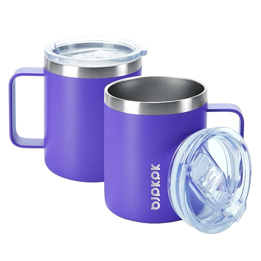 BJPKPK 2PCS Insulated Coffee Mug with Lid, 14oz Stainless Steel Tumbler | Travel Coffee Mug with Handle, Vacuum Insulated Tumbler Cup for Camping, Office, Home, BPA Free Lid, Hot & Cold