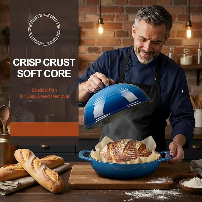 Overmont Enameled Cast Iron Dutch Oven, 6QT Bread Oven with Dome Lid Recipe | Tall Bread Pot with Potholders, for Sourdough Bread Baking Artisan Loaves, Crispy Crust & Better Oven Spring, 500°F Oven Safe