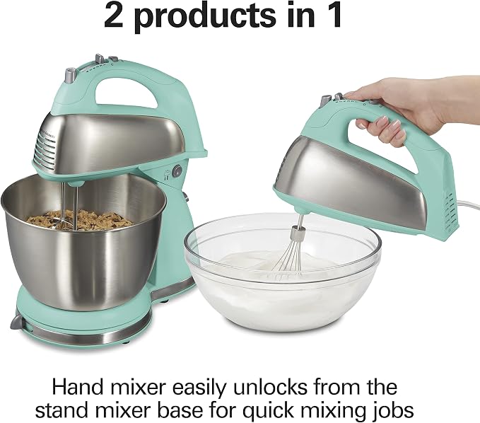Hamilton Beach Classic Electric 4 Qt Stand Mixer & Hand Mixer With 6 Speeds | 2-in-1 Versatility | QuickBurst For Added Power | 290 Watts Peak Power | Built-In Bowl Rest | Aqua Blue