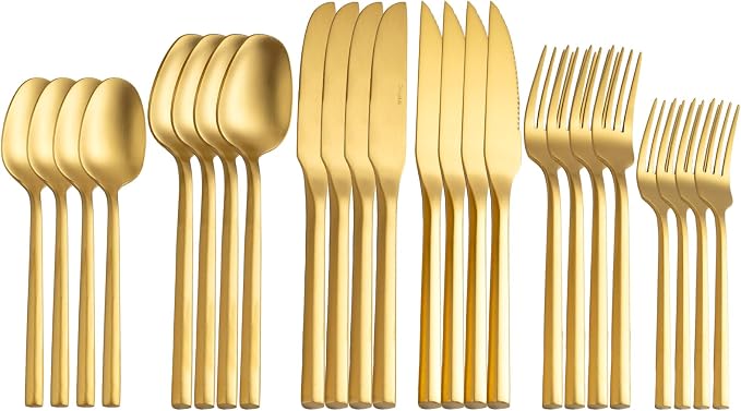 Gold Silverware Set with Steak Knives,Zerophilo Flatware Set with Hexagon Handle 24 Pieces 18/0 Stainless Steel Cutlery Set for 4,Dishwasher Safe