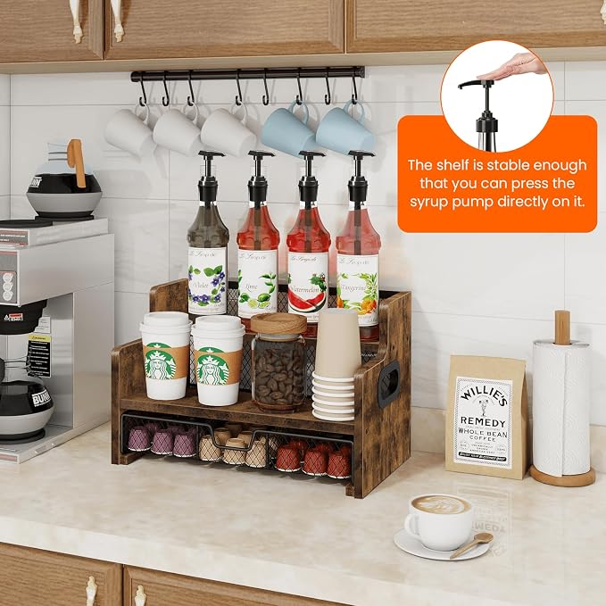 Coffee Syrup Rack Organizer, 3-Tier 8 Bottles Syrup Holder Stand with 35 K Cup Storage Basket Drawer for Coffee Bar, Wood Liquor Shelf Wine Rack Countertop for Home, Rustic Brown