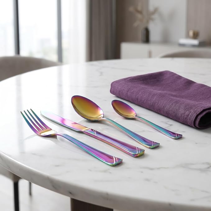 40-Piece Colorful Stainless Steel Flatware Set for 8, Rainbow Cutlery Set include Knives, Forks and Spoons, Vibrant Dishwasher Safe Silverware for Parties, Weddings & Family Dining