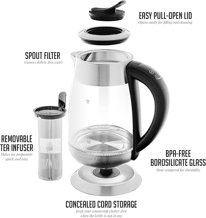 OVENTE 1.8L Glass Electric Kettle with Tea Infuser, Silver KG661S | 1500W Fast Boiling, Easy Fill Lid, 6 Temperature Control, Keep Warm, Digital Display, BPA-Free, Auto Shut-Off, 360° Base