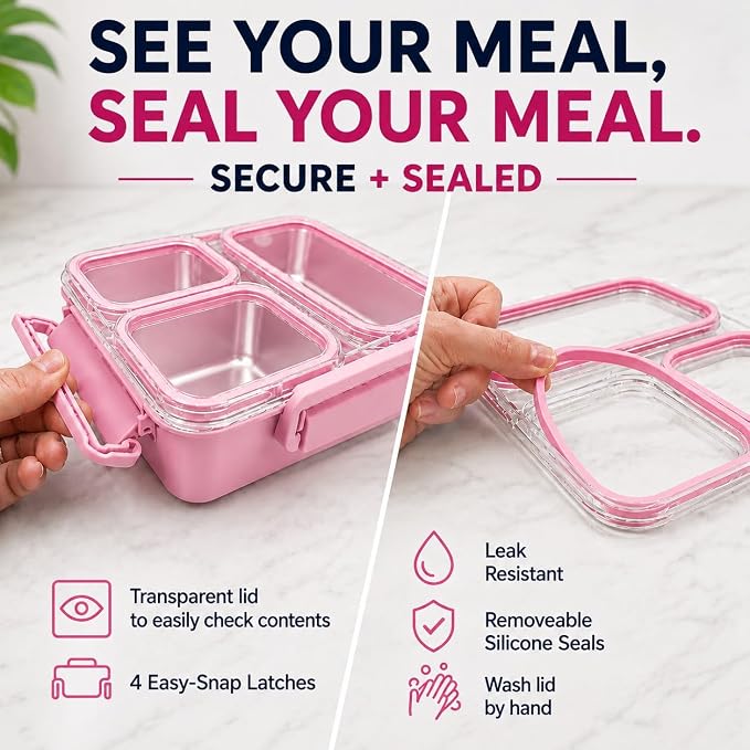 kinsho BIG Bento Lunch Box & Bag, Stainless Steel - Adults Teens Kids Pink | Holds 5 Cups in 3 Removable Metal Containers, Silicone Seals, Bonus Lids, Insulated, Utensils, Leakproof for Work School Food