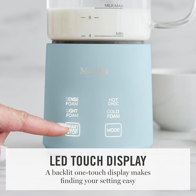 Martha Stewart 10oz Milk Frother & Steamer, 4 Presets, 300ml Glass Pitcher | Light, Dense, Cold Foam & Hot Chocolate, Ready in 90 Seconds, Cordless Pouring, Runs Quiet, Almond, Soy & Oat Milk, Sky Blue