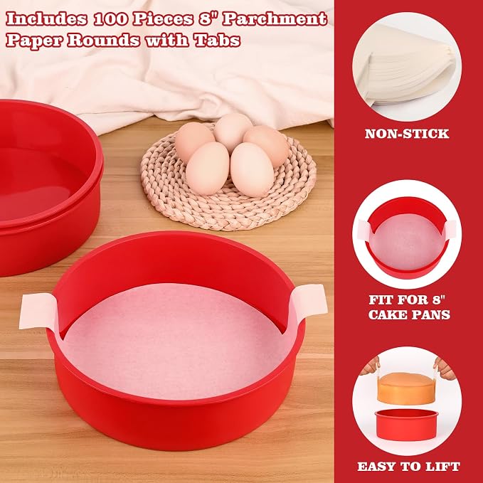 HUAKENER 8 Inch Round Cake Pan,3Pcs Silicone Cake Mold with Parchment Paper | Nonstick Cake Molds with 100 Pieces Parchment Paper for Birthday Cakes, Layer Cakes, Cheese Caks, Chocolate Cakes