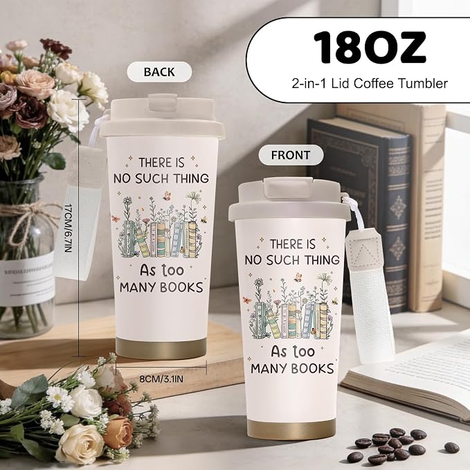 Book Lovers Tumbler Stainless Steel 2-in-1 Lid Coffee Tumbler 18 oz Readers Gift Insulated Travel Coffee Mug Book Lovers Gift Reading Accessories Water Bottle for Women Men