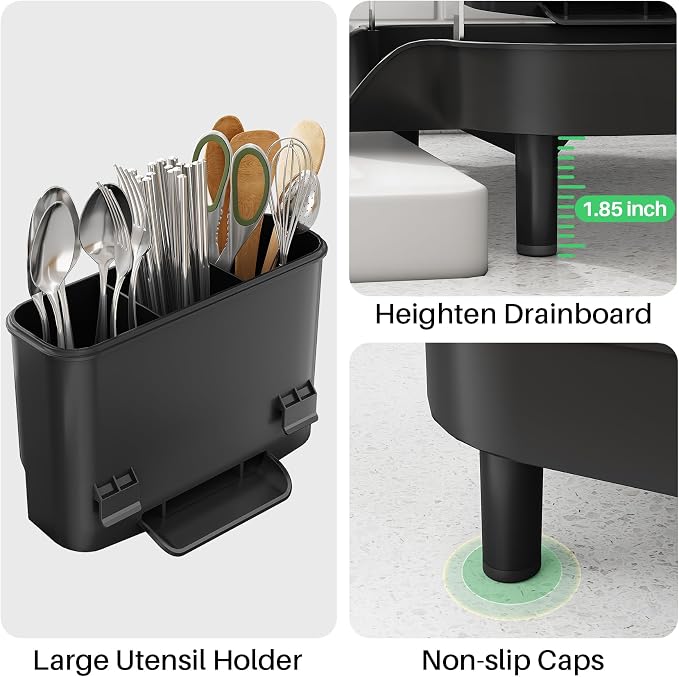 SAYZH Expandable Dish Drying Rack for Small Kitchen Counter, Black | Stainless Steel, Protective Guardrail, Angled Drainboard, Fits High-Rim Sinks, Removable Utensil Holder