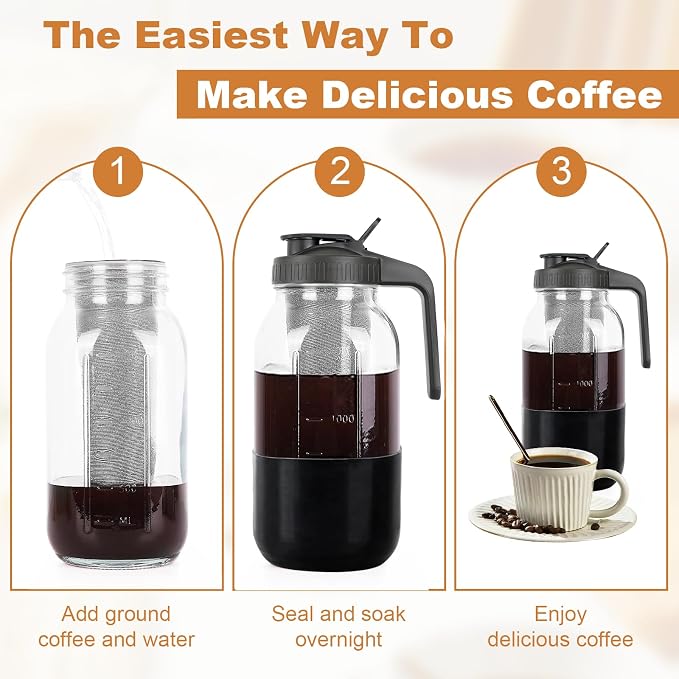 Cold Brew Coffee Maker, 64oz Mason Jar Pitcher with Stainless Steel Filter, Leak-Proof Lid with Pour Spout & Handle, Heavy Duty Glass Iced Coffee Tea Brewer with Protective Silicone Sleeve-Black