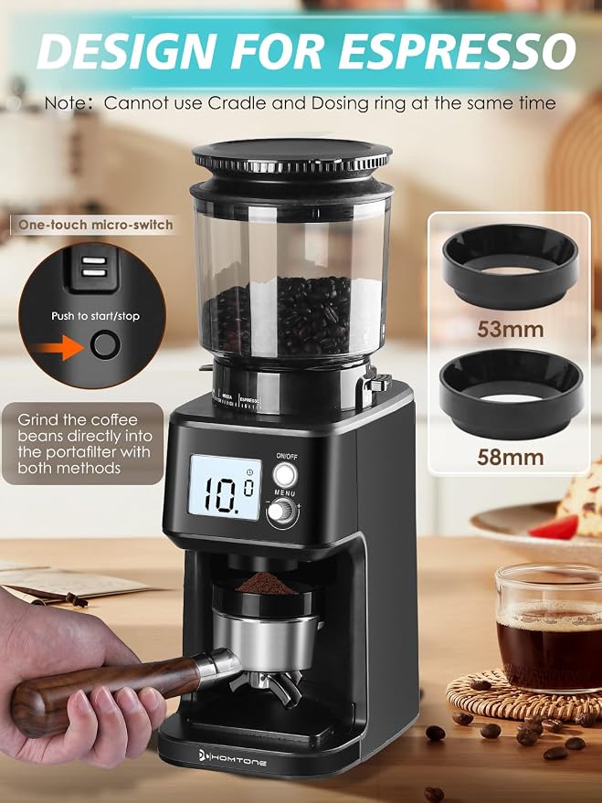 Homtone Conical Burr Espresso Coffee Grinder, 51 Precise Settings, Electric Mill with Portafilter Holder, 2-12 Cups Adjustable, Anti-static, Stainless Steel, 120V