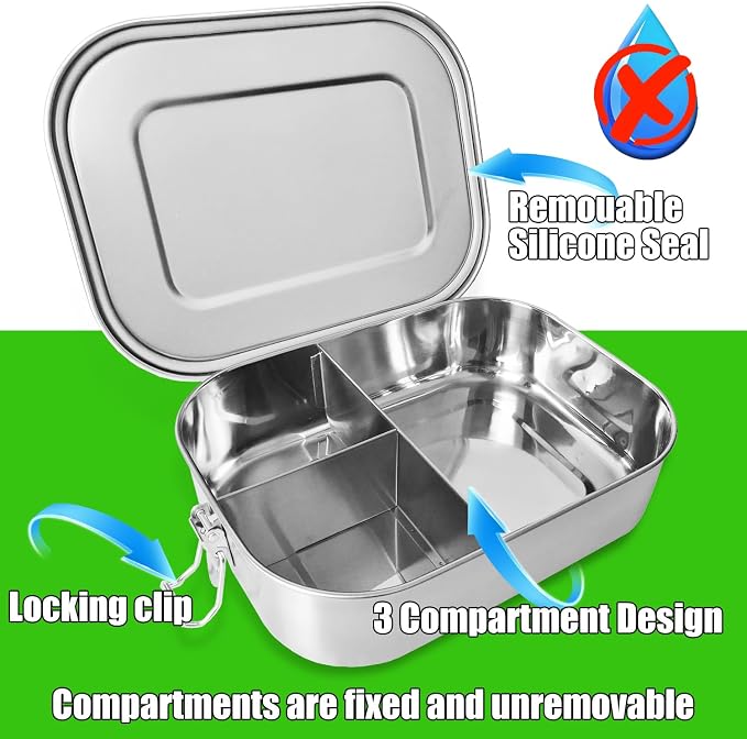 UPTRUST Stainless Steel Bento Box for Kids, 3-Compartment (47oz/1400ML) | Metal Bento Lunch Box for Kids or Adults, 3 Compartment Packing Box for Work Lunch