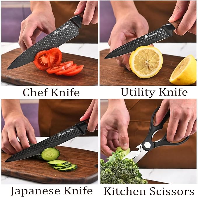 Kitchen Knife Set, Retrosohoo 6-Pieces Khaki Sharp Knife Block Set for Kitchen, Non-stick Non-slip Stainless Steel Chef Knife Set with Universal Knife Block Suitable for Home Restaurant (Black)