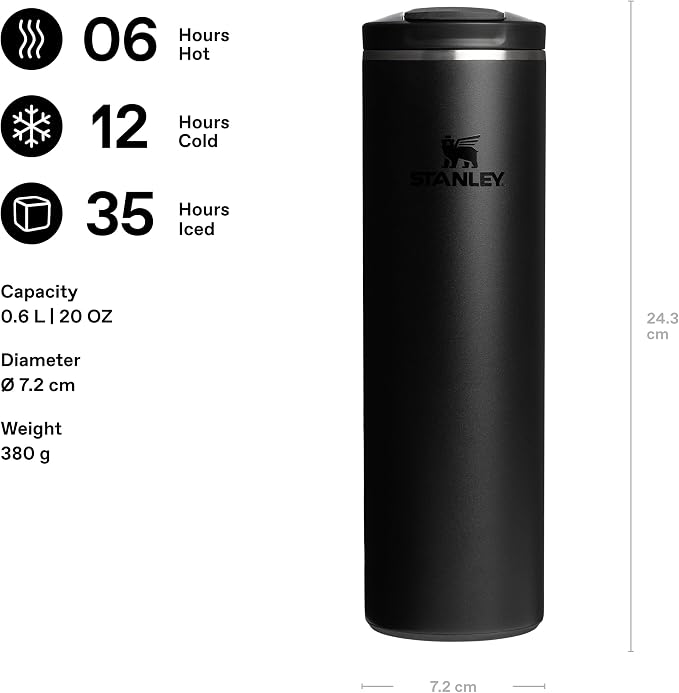 STANLEY 1913 Transit Flip Top Mug 0.6L - Black | Keeps 6 Hours Hot - 12 Hours Cold - Leakproof - Dishwasher Safe - Car Cup Holder Compatible