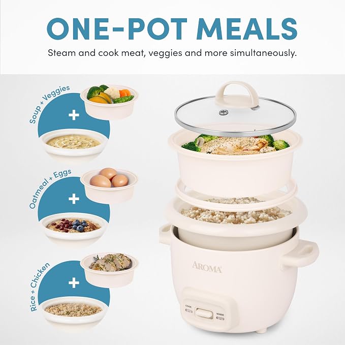 AROMA CoreCoat™ Mini Rice Cooker (3 Cups Cooked) with Nonstick Ceramic Pot Coating, Glass Lid, and Pop-Up Steamer Tray, 0.8 Quart