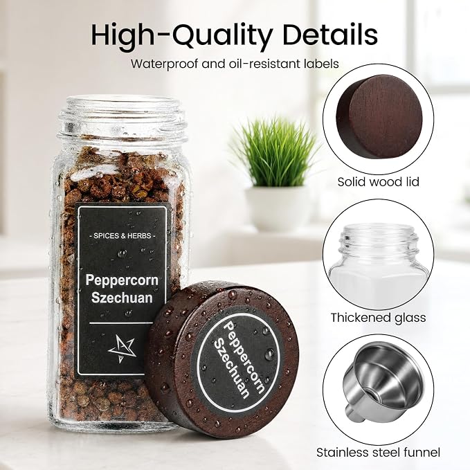 Glass Spice Jars with Grinder Lid 24 Pack 4 oz Acacia Wood | 780 Labels (Round+Square), Shaker Inserts, Funnel, Airtight Seal, Bonus Grinder Lid for Fresh Grinding