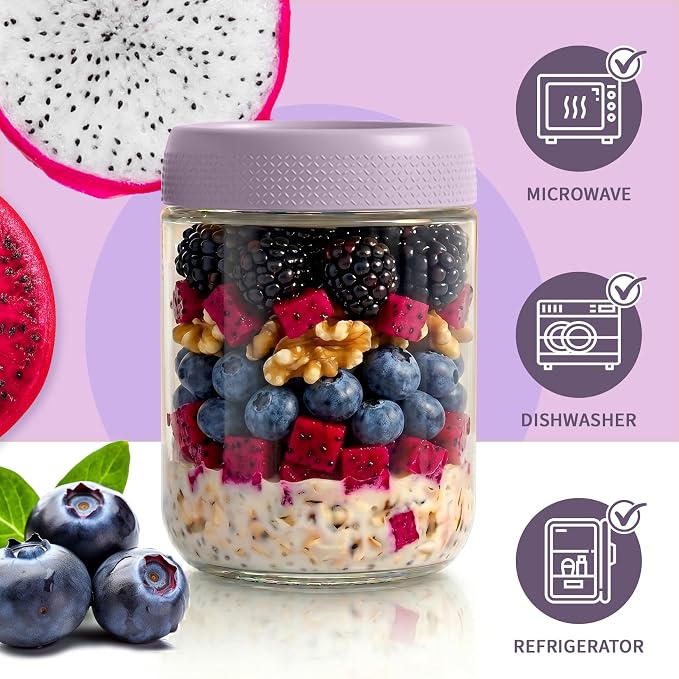 Overnight Oats Containers with Lids, 16oz Parfait Cups with Lids, Glass Jar | 6 Pack Glass Jars with Lids, Yogurt Containers with Lids for Kitchen, Mason Jars for Storage, Pudding, Snack, Sugar, Purple