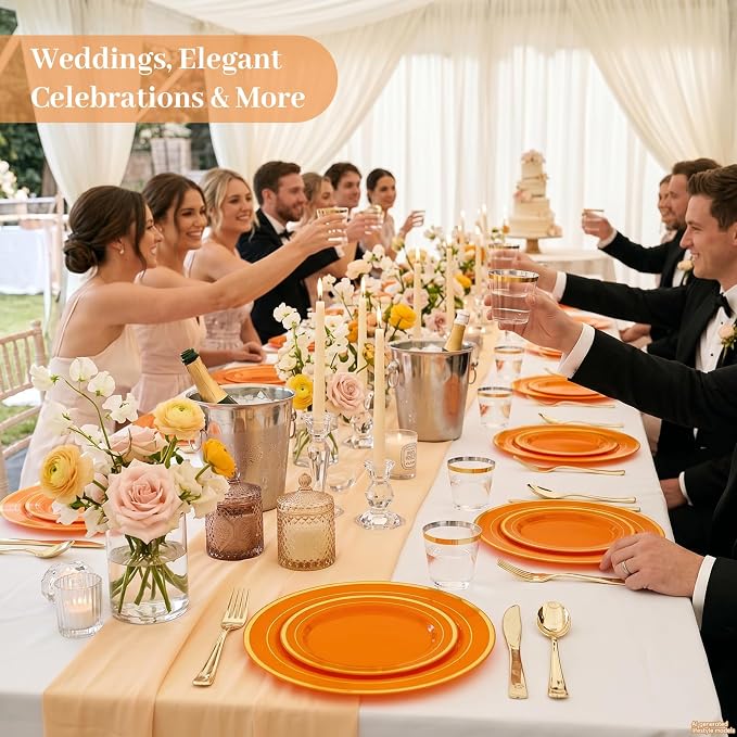 DaYammi 350PCS Orange Gold Plastic Dinnerware Set for 50 Guests, Fancy Disposable Plates for Party, Include: 50 Dinner Plates, 50 Dessert Plates, 50 Pre Rolled Napkins with Gold Silverware, 50 Cups