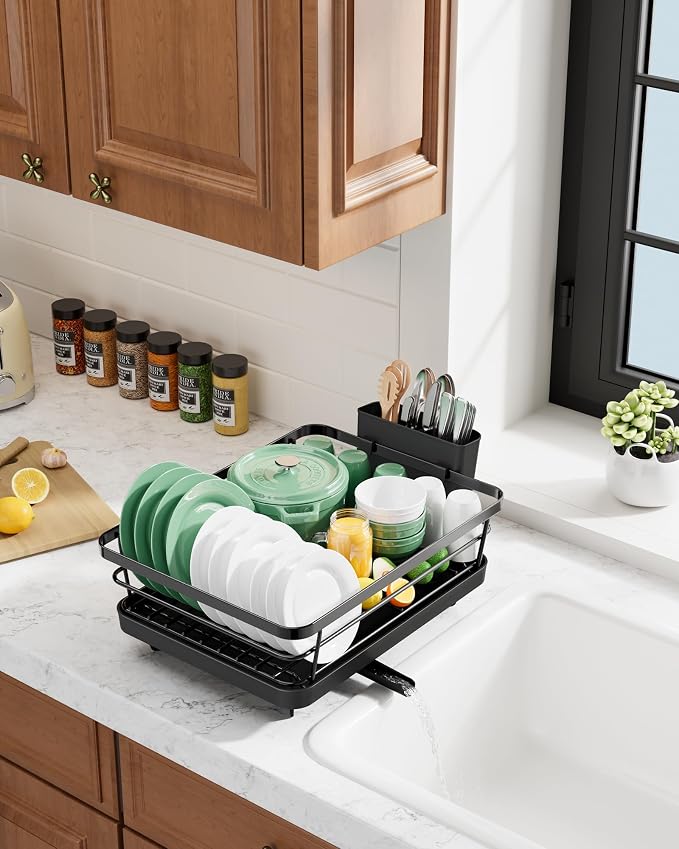 Kitsure Dish Drying Rack for Kitchen Counter, 12''W x 15.5''L, Black | Stainless Steel Sink Organization, Cutlery Holder, Home and Appartment Decor