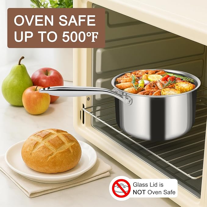 EWFEN 3 Ply Stainless Steel Sauce Pan Set with Lids, 1 & 2 & 3 Quart Multipurpose Cooking Pot, Stay-Cool Handle, Induction Oven Dishwasher Safe, 1QT & 2QT & 3QT