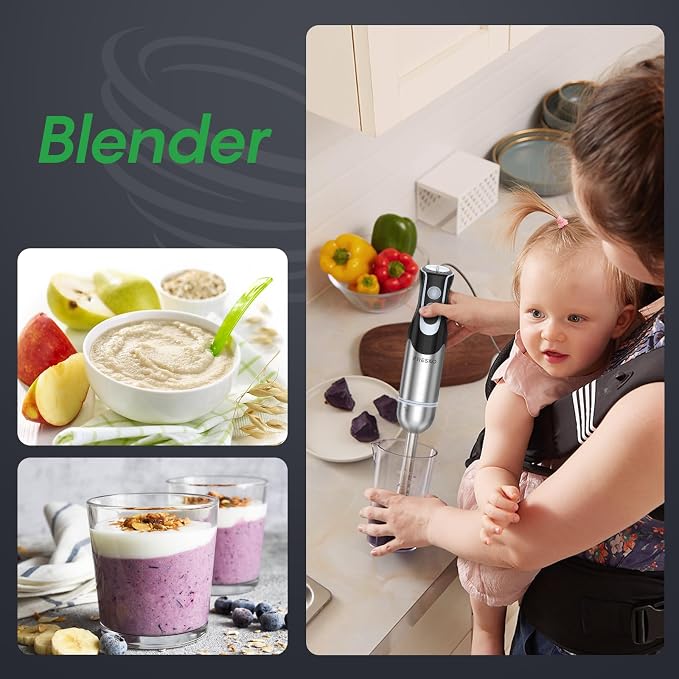 Immersion Blender Handheld, 4-In-1 Hand Blender with 12-Speeds & Turbo Mode | 500W Emulsion Blender, Egg Whisk, 24oz Beaker & Chopper Bowl, Stick Mixer for Baby Food, Smoothies, Soups & Sauces