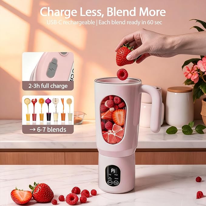 Personal Blender for Smoothies, 580ML USB-C Rechargeable | Portable Blender Cup, 12-Blade Smoothie Maker with Travel Lid, Handle & LED Display for Gym, Office, Travel and Outdoor