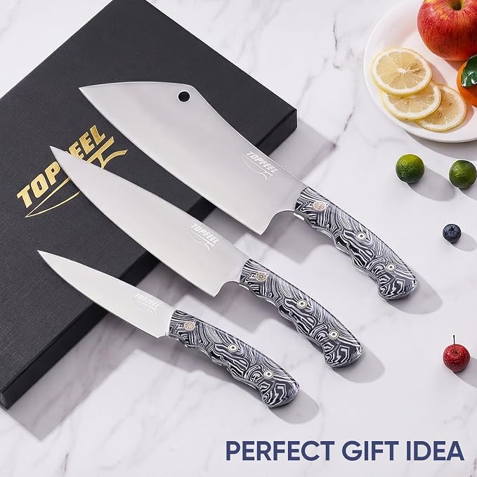 Topfeel 3-Piece Kitchen Knife Set, 5Cr15MoV High Carbon Stainless Steel | Includes 8-inch chef knife, 8-inch meat cleaver and 5-inch utility knife with full-tang acrylic handles and gift box