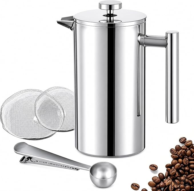 12 oz / 350 ml Stainless Steel French Press Coffee Maker, Double-Wall Insulated Small Coffee Press with 2 Extra Filters and Coffee Spoon, Single Serve French Press for Home, Office and Camping