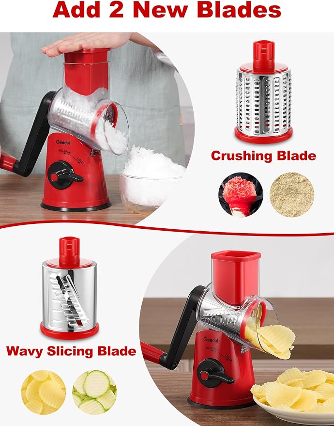 Geedel Upgraded Rotary Cheese Grater, 5 in 1 Cheese Shredder Veggie Slicer | Non-slip Suction Base, 430 Stainless Steel, No BPA, Dishwasher Safe, for Cheese Shredding, Wavy Slicing, Ice Shaving