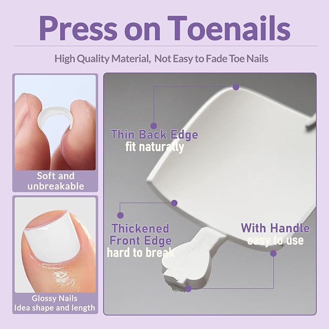 AddFavor 160pcs White Press on Toenails for Women, Full Cover Fake Toe Nail Tips with Adhesive Tabs, Artificial Pedicure Toe Nail Press ons, White False Toenail Press ons