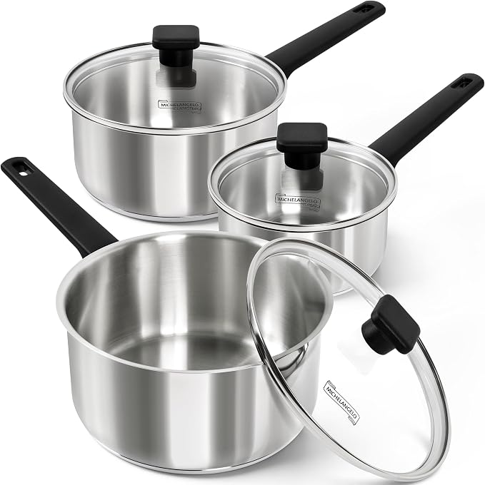 MICHELANGELO Stainless Steel Sauce Pan with Lid 1QT & 2QT & 3QT, TriPly Stainless Steel Saucepans with Straight Bakelite Handle & Square Lid Knob, Nonstick Sauce Pans Set, Induction Compatible